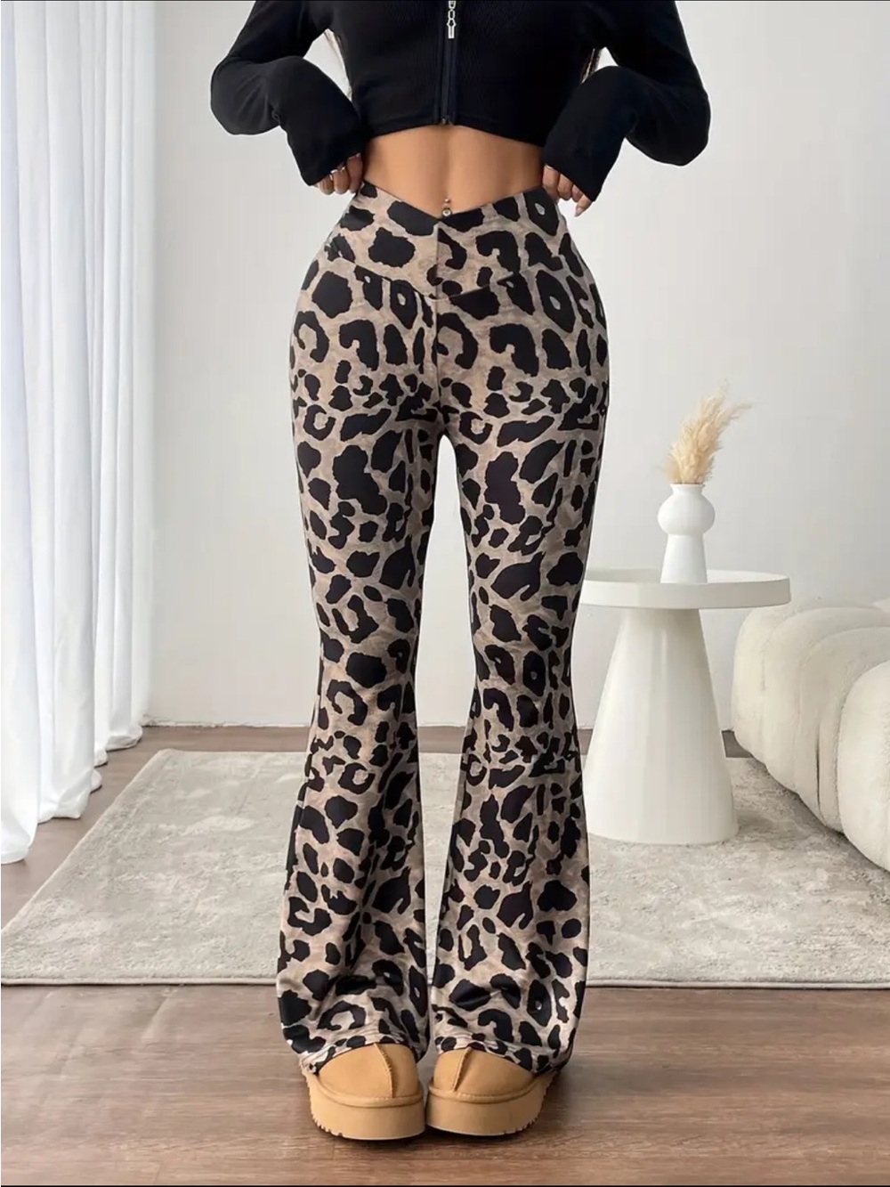 Leopard Print Flare Pants - Beige & Black